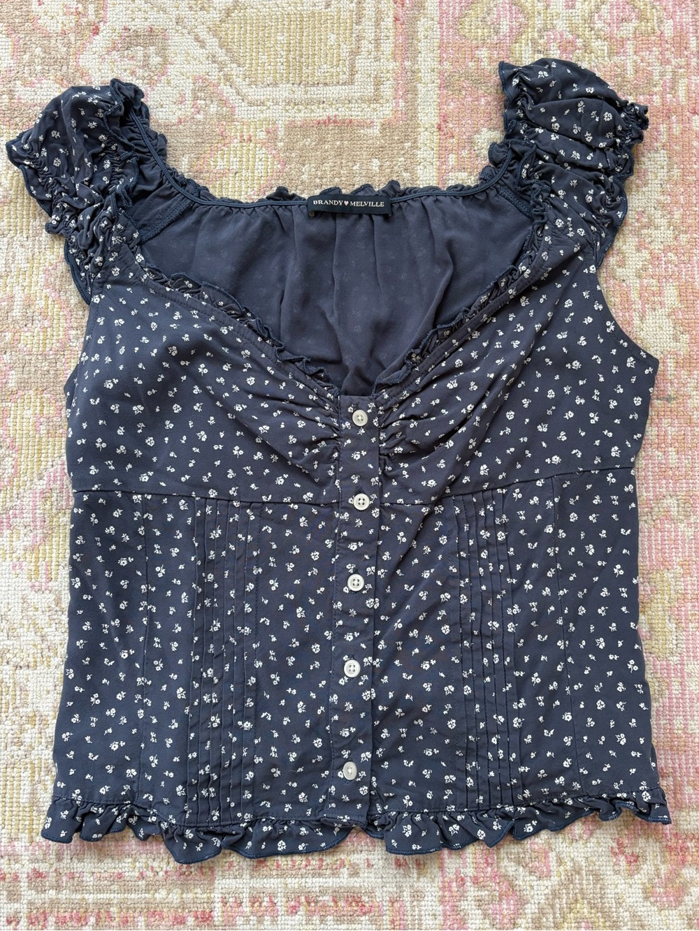 Brandy Melville Navy Blue Floral Button-Front Ruffled Tank